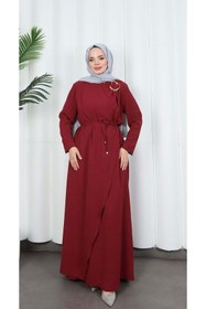 Resim HNT Hayrunnisa Tesettür Toka Detaylı Bağlamalı Ayrobin Elbise Bordo HNT85921 