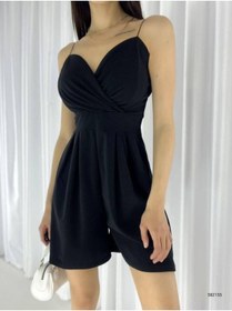 Resim Modafeminen Esnek Krep Kumaş Askılı Etek Görünümlü Şortlu Mini Abiye Tulum 582155 Siyah 