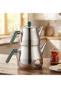 Resim Porsima 1026-2 Prizma Bakalit Metal Kulp Mega Boy Paslanmaz Çelik Çaydanlık Takımı Yeşil - 2-3,40lt 