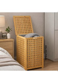 Resim Kalın Ahşap Bambu Kirli Çamaşır Sepeti Kumaş Çantalı Sepet 40x40x58cm 5468 Çok Renkli 