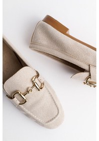 Resim Muggo Mona Garantili Metal Tokalı Deri Kadın Loafer Günlük Ayakkabı Bej 