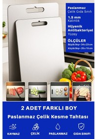 Resim 2 Adet Paslanmaz Çelik Mutfak Kesme Tahtası Et Sebze Doğrama Tahtası Gümüş 