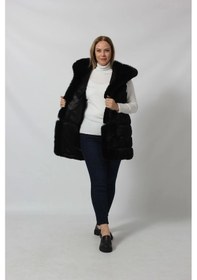 Resim Moda Berray Etekten Kısalabilen Kapüşonlu Lüks Suni Kürk Yelek Siyah 
