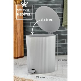 Resim Yuvarlak Pedallı Çöp Kovası, Çizgili Kapak, Banyo ve Mutfak Kullanımı, Gri 