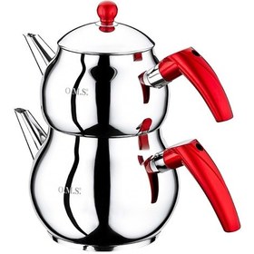 Resim Oms Çaydanlık Takımı Çelik M Boy Kırmızı Kulp 8018 Gri 