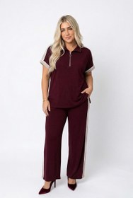 Resim Kadın Büyük Beden Kısa Kollu Yarım Fermuarlı Garnili Eşofman Takımı 8261-26 - Bordo / 5XL 