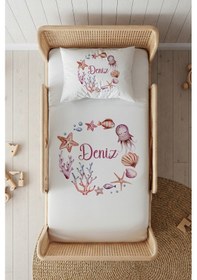 Resim %100 Pamuk Saten İsme Özel İsimli 100x200 Tek Kişilik Lastikli Çarşaf Seti Mercan Beyaz 