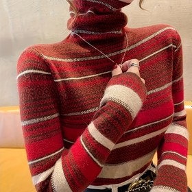 Resim Kadınlar için Retro Çizgili Yüksek Boyunlu Kazak - Sonbahar Kış Sıcak Turtleneck, Kahverengi/Turuncu/Beyaz/Siyah Çizgiler, Orta Esneklikte Makinede Yıkanabilir Şık Katmanlı Üst, Trendy Örgü Giysi, Yumuşak Dokulu 