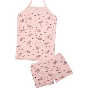 Resim Kız Çocuk İp Askılı Desenli Atlet Boxer Takım Pamuklu Yumuşacık Somon 