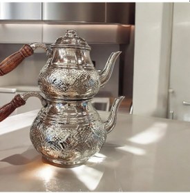 Resim Bakır Çaydanlık & Bakır Demlik Çiçek Desenli Bakır Çaydanlık Büy Gümüş 