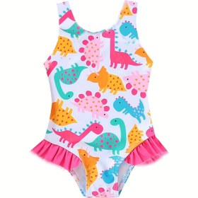 Resim Sevimli Dinozor Baskılı Kız Çocukları Tek Parça Mayo, Fırfırlı Etek & Yaka - Esnek, Hızlı Kuruyan Polyester - Plaj, Havuz ve Yaz Eğlencesi için Mükemmel 