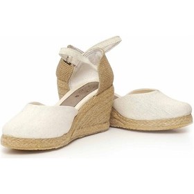 Resim Dolgu Topuk Keten Ön Düz Arka Hasır Sandalet Ekru Ekru 1286 