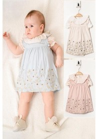 Resim Kıpırık Baby Kız Bebek Pudra Çiçek İşlemeli Elbise Fırfıtlı Yaka Gömlekli Takım-1352 Pembe 