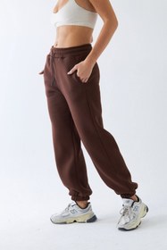 Resim Oversize Unisex Eşofman Altı Kahverengi - 3 İplik Şardonlu, Paça-Bel Lastikli, Cepli, Rahat Kesim - M / Kahverengi 