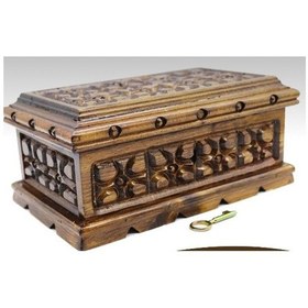 Resim Ahşap Oyma İşlemeli Kilitli Sandık Kutu 24 cm 