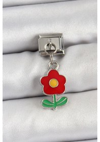 Resim 316l Çelik Sallantılı Kırmızı Papatya Model Gümüş Renk Nomination Charm 