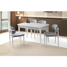 Resim Ortadan Açılır Büyüyen 60x100cm Mermer Desen Ahşap Salon Yemek Masa Gri Siesta Sandalye Takımı 4 San Gri 