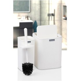 Resim Okyanus Home Mina Beyaz Çizgili Kare 2'li Wc Kova Ve Fırça Seti Beyaz 