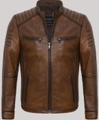 Resim Hakiki Deri Kahverengi Omuz Kol Işlemeli Erkek Deri Ceket Kahverengi 