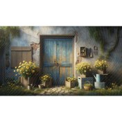 Resim Venspor Rustik Mavi Kapı ve Sarı Çiçeklerle Süslü Bahçe Temalı Arkaplan 200x150cm Fon Duvar Örtüsü 