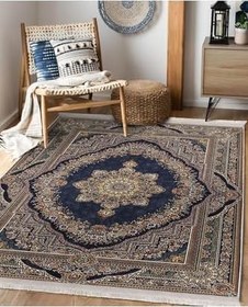 Resim RealHomes Lacivert Zemin Osmanlı Motifli Kilim Desenli Eskitme Motifli Vintage Oturma Odasıkaymaz Saçaklı Halı HaliDik-Deluxe-11503, 80 x 400 