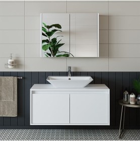 Resim ROOMART Banos Banyo Lavabolu Mat Beyaz Mdf 100cm Banyo Dolap+aynalı Banyo Üst Dolap 