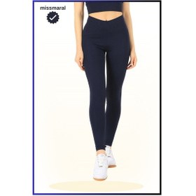 Resim Missmaral Slim Fit Yüksek Bel Toparlayıcı Lacivert Spor Tayt Flatlock Dikiş Detaylı Fit Tasarım Oslo 1090 Lacivert 
