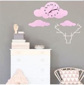 Resim Sürpriz Hediye ile Ahşap Pembe Bulutlu Çocuk Odası Duvar Saati 40cm 