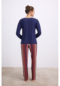 Resim Man11577-1020 Anil Ev Giyim Anıl Kadın Lacivert Uzun Kollu T-shirt Ve Çizgili Pantolon Takımı 11577 Lacivert 