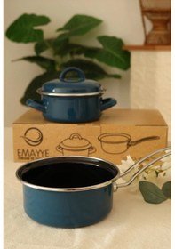 Resim Emaye Mini Tencere & Saplı Tava Seti 15 Cm Çap Emaye Tencere + Saplı Tava Yapışmaz Yüzey Lacivert 
