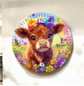 Resim Renkli Baskı İnek Çocuk Desenli Sayılı Hediyelik Ahşap Sessiz Duvar Saati 50cm ÇOk Renkli 