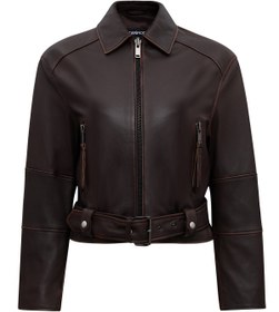 Resim Love Kadın Kahverengi Gömlek Yaka Vintage Oversize Deri Ceket - Kahverengi / 