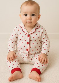 Resim PoliFoni Babies %100 Pamuk Kalp Desenli Kız Bebek Alt Üst Pijama Takımı (1Yaş/2Yaş/3Yaş) 