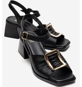 Resim Luvishoes Asha Siyah Tokalı Hakiki Deri Kadın Kalın Topuklu Sandalet 
