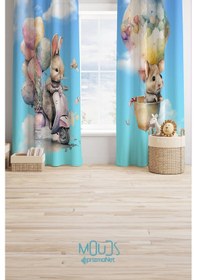 Resim Tavşan Ve Farecik Desenli Fon Perde Çocuk Ve Bebek Odası Süet Baskılı Ekstrafor Büzgü 2 Kanat Prd-67 Çok Renkli 