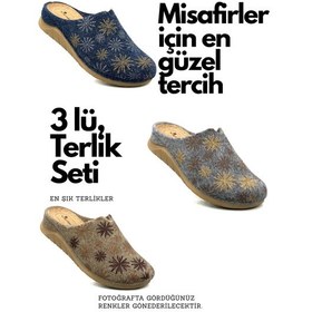 Resim Kadın Ev Terliği 3 Lü Set Poli Taban Hafif Tabanlı Sıcak Tutan Ev Terliği Gri Vizon Laci 