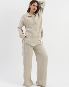 Resim VELİZADE Konfor Modeli Oversize Bej Yanı Büzgülü Viskon Kumaş Boyfriend Gömlek Uzun Tesettür Gömlek 