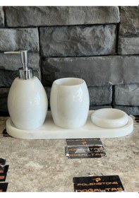 Resim Beyaz Doğal Mermer Gümüş Aksesuarlı Oval 4'lü Elips Tepsili Banyo Seti Beyaz 
