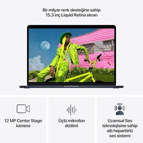 Resim Apple M5 çipli 15 inç MacBook Air Laptop: 15.3 inç Liquid Retina Ekran, 10 CPU, 10 GPU, 24GB Birleşik Bellek, 1 TB SSD Depolama, 12 MP Center Stage Kamera, Touch ID; Gece Yarısı 