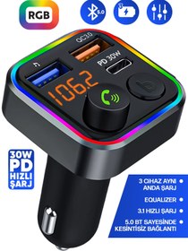 Resim Enkado 30w Pd Hızlı Şarj 5.0 Bluetooth MP3 Çakmaklık Rgb Işıklı Led Ekran Usb Araç Fm Transmitter Çakmaklık 