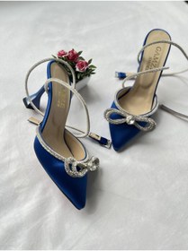 Resim Gamze Shoes Saks Mavi Renk Saten Bilekten Bağlama Fiyonk Taşlı 