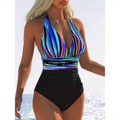 Resim Kadınlar için Seksi Yüksek Bel Tek Parça Mayo - Derin V Yaka & Çizgili Çok Renkli Baskılı, Plaj ve Havuz Kenarı Eğlencesi için Esnek Polyester, Okyanus Yüzme Kıyafeti, Pürüzsüz Dokulu Kumaş 