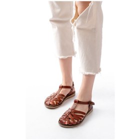 Resim 205-02 K. Kahve Ortopedik Hakiki Deri Kadın Sandalet Altın - Taba 