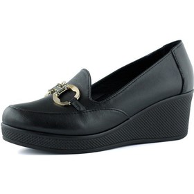 Resim Erkan Saçmacı Hayley Siyah Hakiki Deri Tokalı Yuvarlak Burun Dolgu Topuklu Günlük Ayakkabı Siyah 