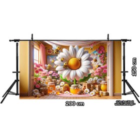 Resim Venspor Arı ve Papatya Temalı Renkli Balonlar ve Dekor Arkaplan, 200x150cm, Fon, Duvar Örtüsü 