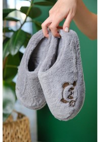 Resim Panda Nakışlı Kadın Ev Terliği Peluş Terlik Çeyiz Ve Bohça Terliği Ses Yapmaz Kalın Taban Gri 