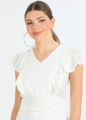 Resim ONO STORE Beyaz Fisto Kumaş Kolsuz Crop Bluz 