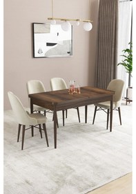 Resim Sar Pakete Almira Serisi, Barok Ahşap Desen 80x132 Açılabilir Mdf Mutfak Masası Takımı 4 Adet Sandalye Krem 