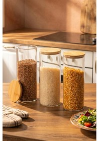 Resim Porsima 3-3 Bambu Vakumlu Kapaklı Yuvarlak Borosilikat Cam 3lü Kavanoz Seti Saklama Kabı 1650ml 10x25cm Cam - Şeffaf 