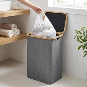 Resim Bambu Çerçeveli ve Kapaklı Kirli Çamaşır Sepeti - Katlanabilir Su Geçirmez Kumaş, Çıkarılabilir Fileli İç Torba - Banyo ve Yatak Odası İçin Oyuncak ve Çamaşır Düzenleyici (70 Litre) 